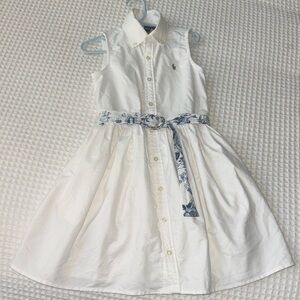 Polo Ralph lauren White Sleeveless Kids Dress with Blue Floral Belt